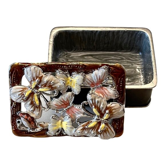 VTG Metal TRINKET BOX Enameled Butterfly Keepsake Open Metalwork Lid 3" Treasure - Picture 4 of 7